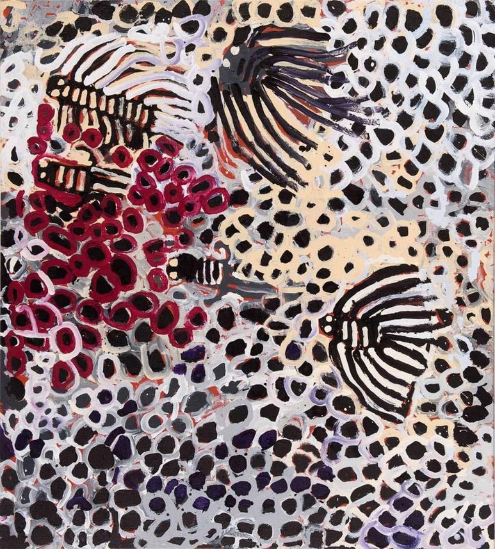 Harry Tjutjuna's Wati Nyiru Munu Wati Wangka (2011), featuring striped ancestral figures surrounded by dense red, black, white and cream circular patterns.