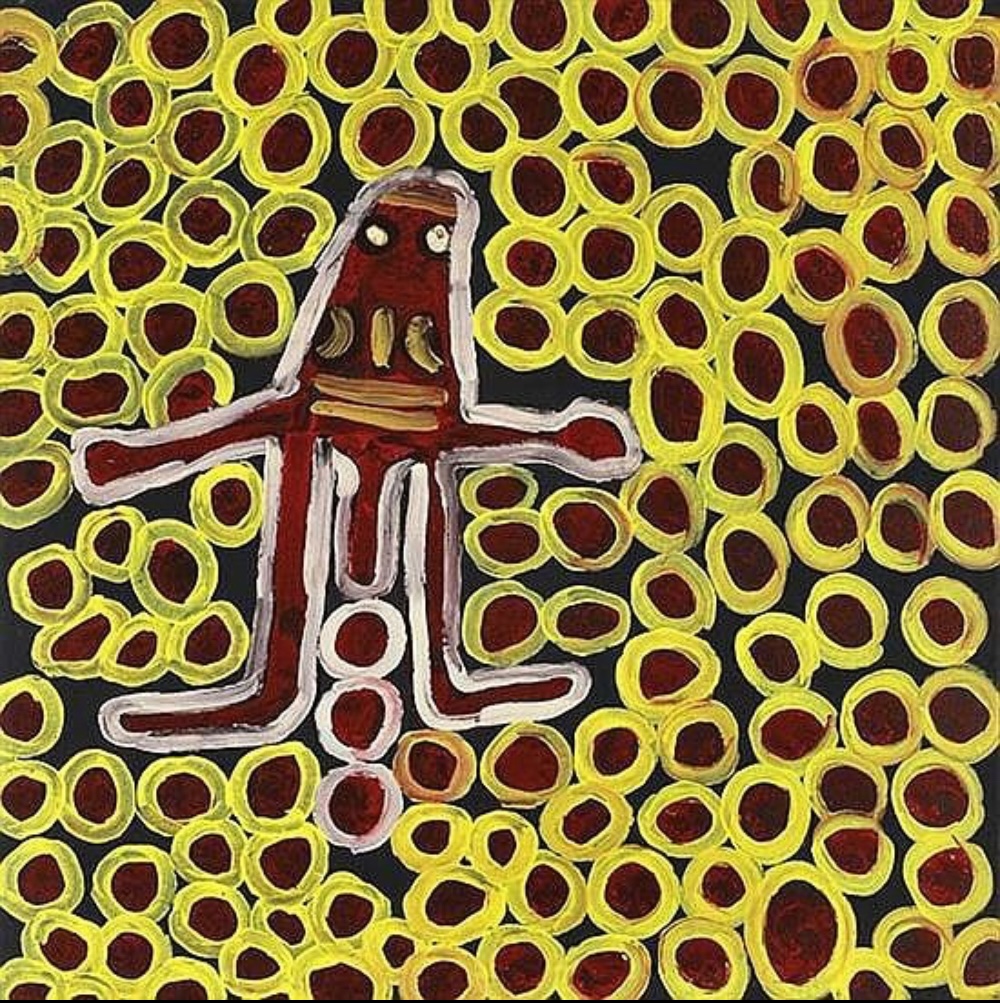 Harry Tjutjuna painting of Wati Nyiru, the ancestral man who pursues the Seven Sisters, depicted as a human figure surrounded by yellow and red circular markings.