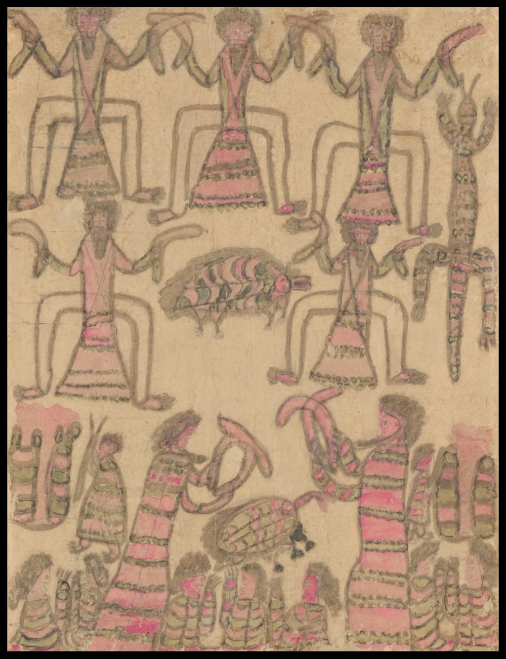 William Barak ceremonial painting depicting Aboriginal dancers holding boomerangs, seated participants and native animals in traditional ochre colours.
