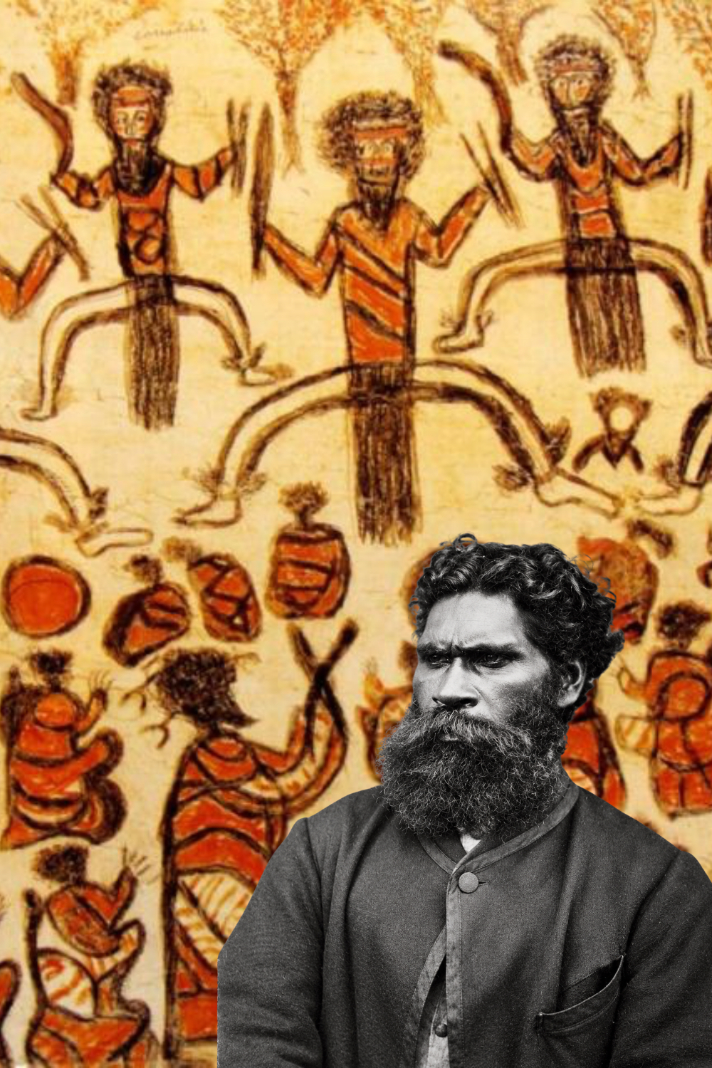 William Barak – Wurundjeri Aboriginal Artist and Ceremonial Painter William Barak, Wurundjeri Aboriginal artist, photographed in black and white against a background of his traditional ceremonial paintings.