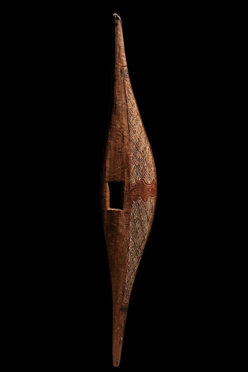 William Barak's 1897 Wurundjeri Aboriginal parrying shield, carved from hardwood and decorated with finely engraved geometric diamond patterns.