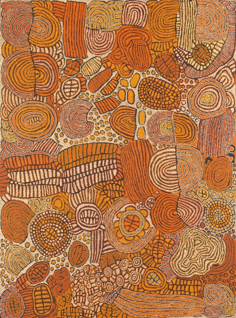 Women's Dreaming at Tjukurla (2007) by Walangkura Napanangka, featuring densely layered orange, red, yellow and white concentric circles and ancestral designs.