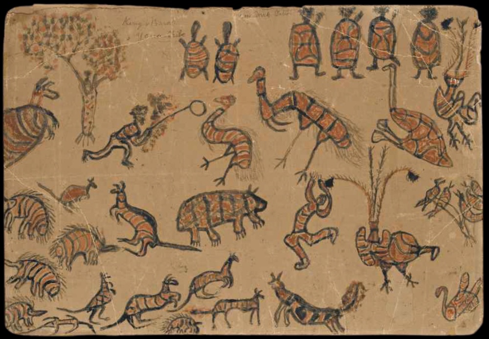 William Barak Aboriginal hunting painting depicting emus, kangaroos, wombats, echidnas, lyrebirds and hunters across a landscape.