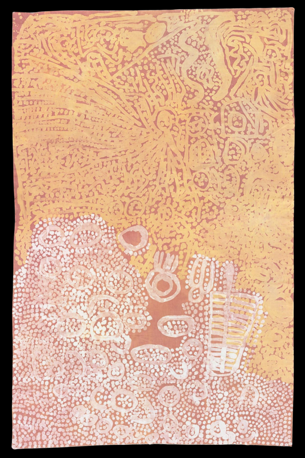 Collaborative Kintore women's batik associated with Nyurapayia Nampitjinpa, featuring yellow, pink and white ancestral designs, concentric circles and dotted patterns.