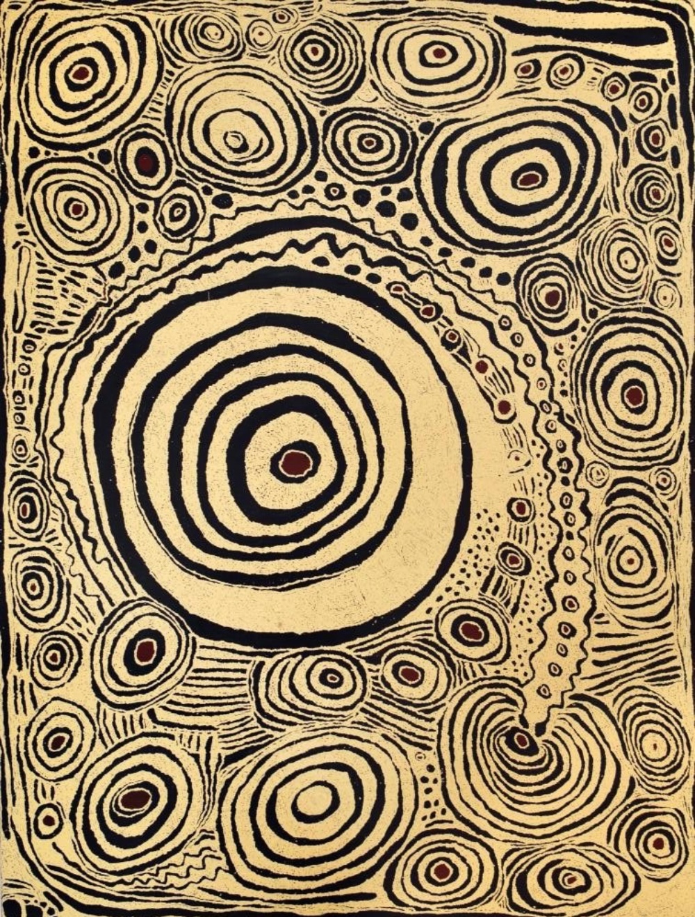 Punkilpirri painting by Nyurapayia Nampitjinpa featuring bold black concentric circles, smaller rockhole designs and intricate patterns on a cream background.