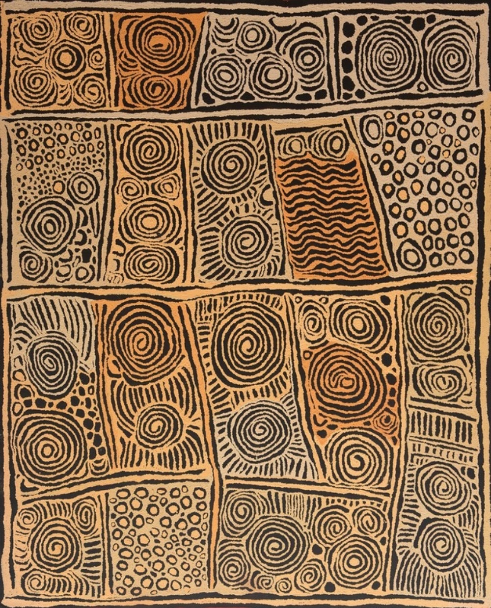 Tjalili (2005) by Nyurapayia Nampitjinpa, featuring black concentric circles, wavy lines and dotted patterns arranged in geometric sections against an ochre background.