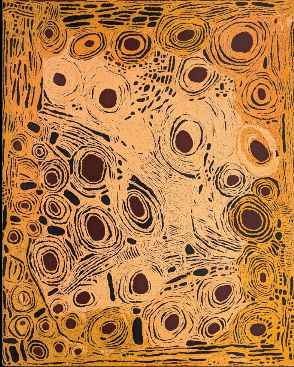 Untitled (2010) by Nyurapayia Nampitjinpa, featuring ochre, yellow and black concentric circles, irregular curved lines and intricate patterns representing Western Desert Country.