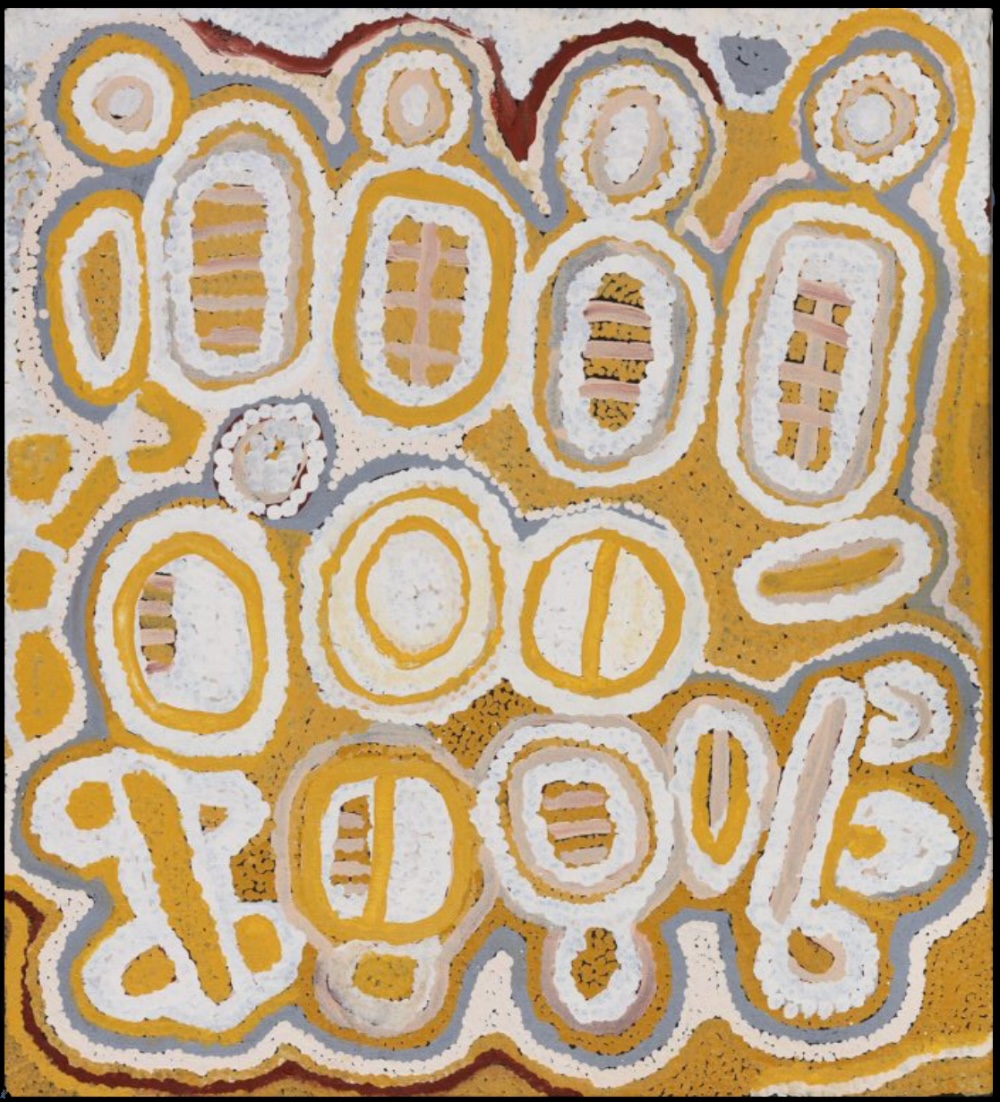Women at Yulparitja (1996) by Nyurapayia Nampitjinpa, depicting ancestral women's activities through oval and curved forms in yellow ochre, white, pink and grey.