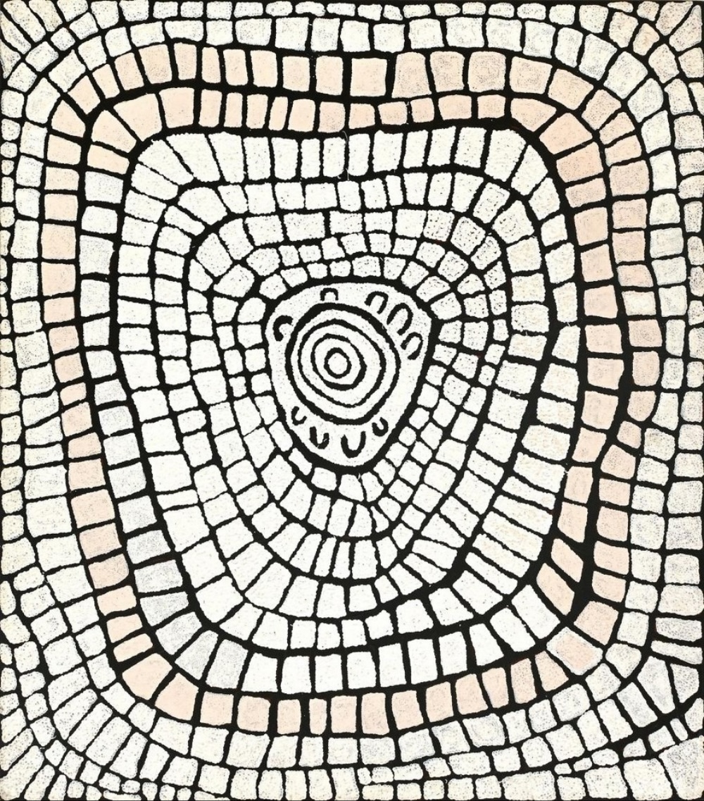 Women Travelling (2000) by Nyurapayia Nampitjinpa, featuring bold black concentric lines and a central circular motif surrounded by a grid-like pattern on a cream background.