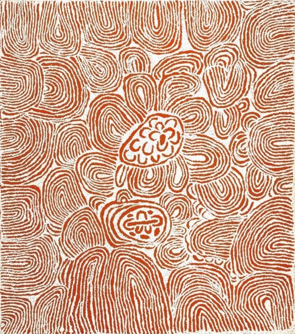 Rockhole Site of Yumarra (2000) by Nyurapayia Nampitjinpa, featuring densely packed red ochre concentric lines and curved patterns on a pale background.