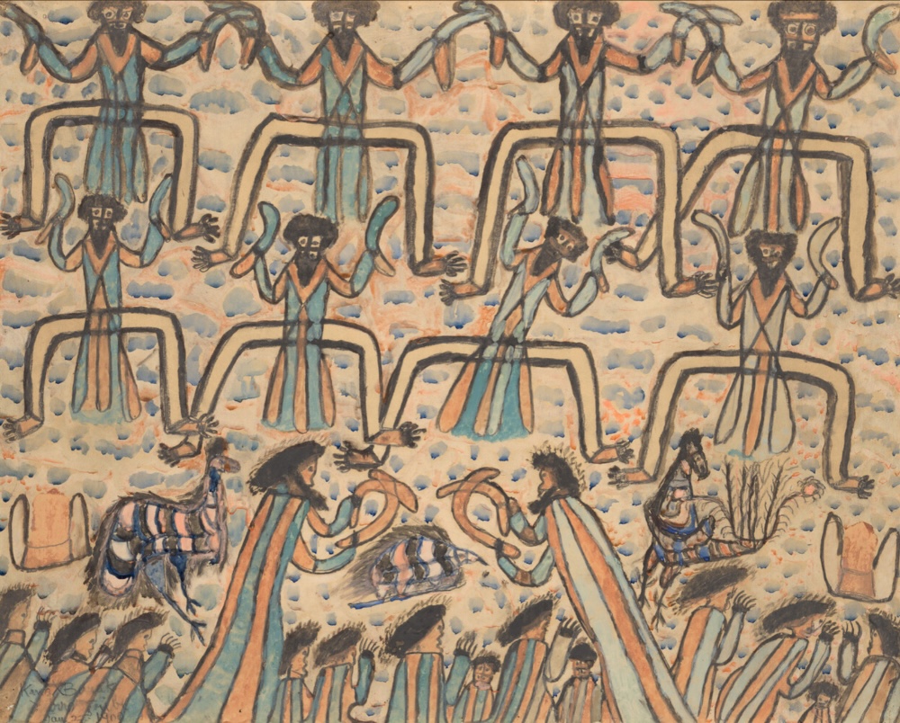 William Barak painting depicting Aboriginal ceremonial dancers holding boomerangs, with seated participants, animals and blue and ochre body painting designs.