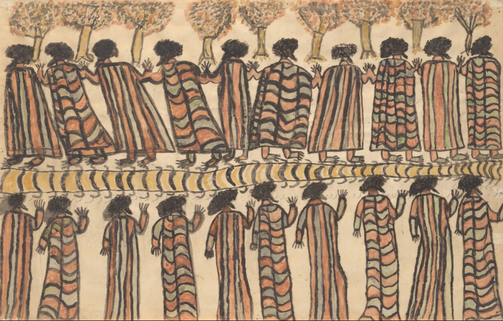 William Barak painting of Wurundjeri elders wearing patterned possum-skin cloaks, arranged in two rows beneath stylised trees.