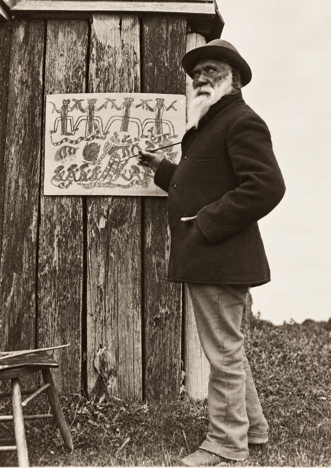 William Barak, Wurundjeri Aboriginal leader and artist, standing beside a ceremonial drawing at Coranderrk Aboriginal Station in Victoria